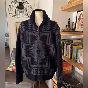 Men's Pendleton Harding Full Zip Blue and Gray Shetland Wool Sweater Cardigan